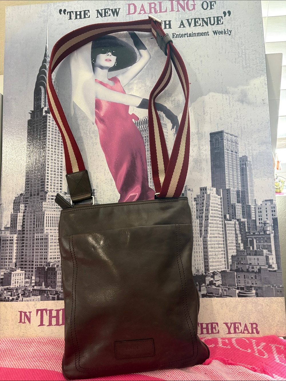 Bally Brown Leather Crossbody with Red and Cream Striped Strap